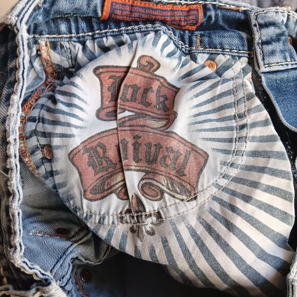 sz 30 Rock Revival Distressed Denim Jeans Feeney Boot Bootcut Trashed - Picture 9 of 12